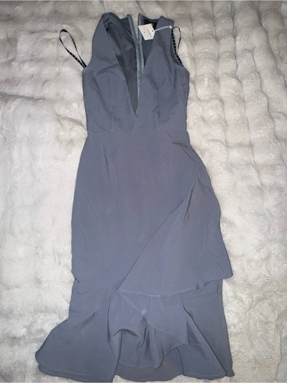 Mango Slate Blue High-Low V-Neck Ruffle Dress